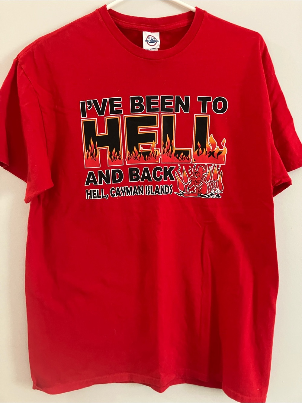 Red 'I've Been to Hell and Back' Graphic Tee - Cayman Islands. Large
